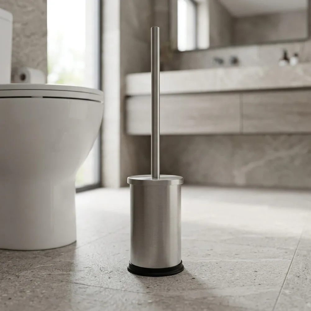 Toilet Brush Set in Stainless Steel with Recessed Inner Container and Exposed Brush Mount for Rapid Drying Cycle