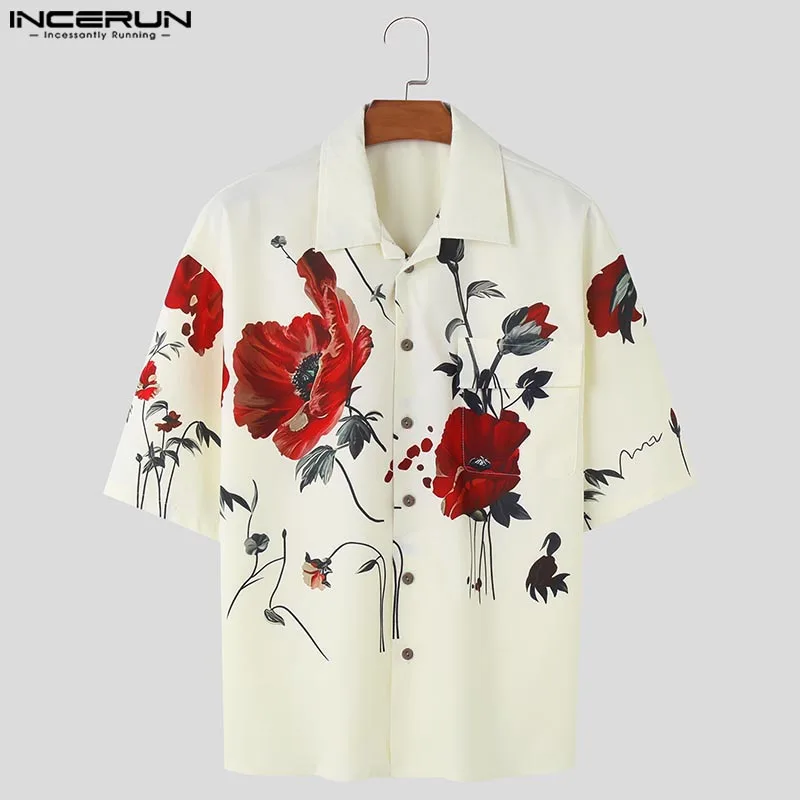 INCERUN Men Shirt Flower Printing Lapel Short Sleeve Casual Men Clothing Streetwear Summer Loose 2024 Fashion Male Shirts S-5XL