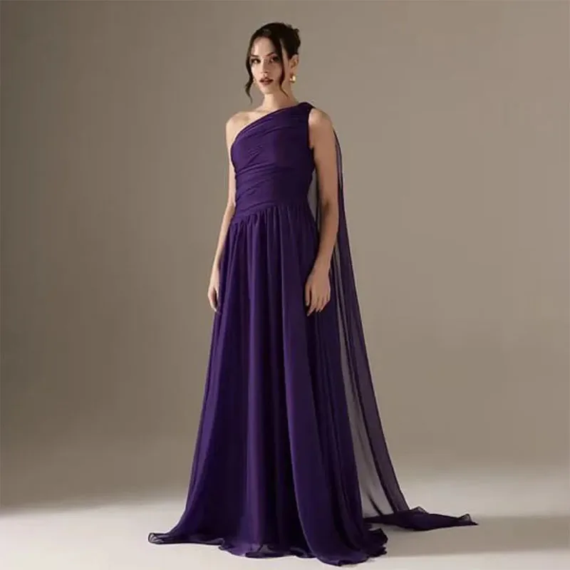 

Elegant Long Chiffon Grape Evening Dress with Cape A-Line One Shoulder Muslim Pleated Floor Length Formal Prom Dress for Women