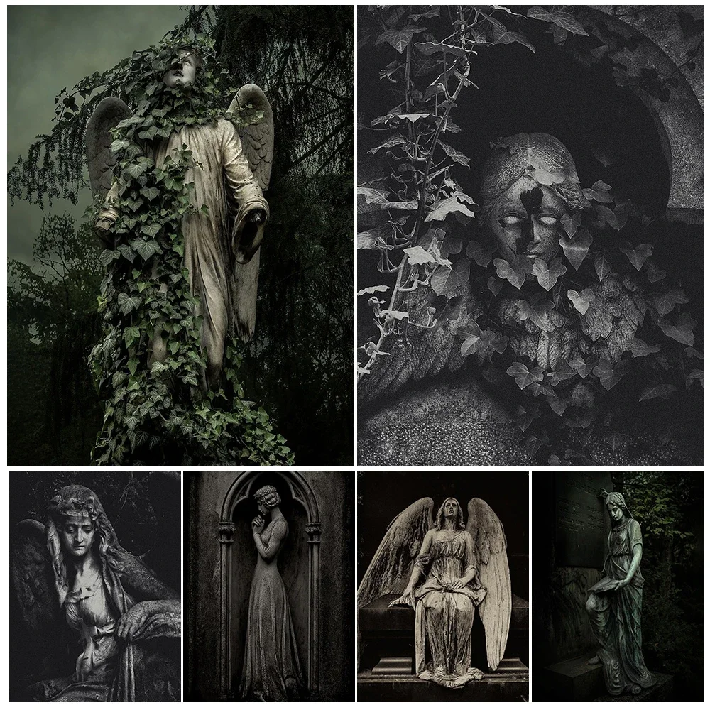 

Guardian Angel And Virgin Statue In Cemetery Vintage Wall Art Canvas Print Tomb Guard Statue Photography Art Poster Print Decor