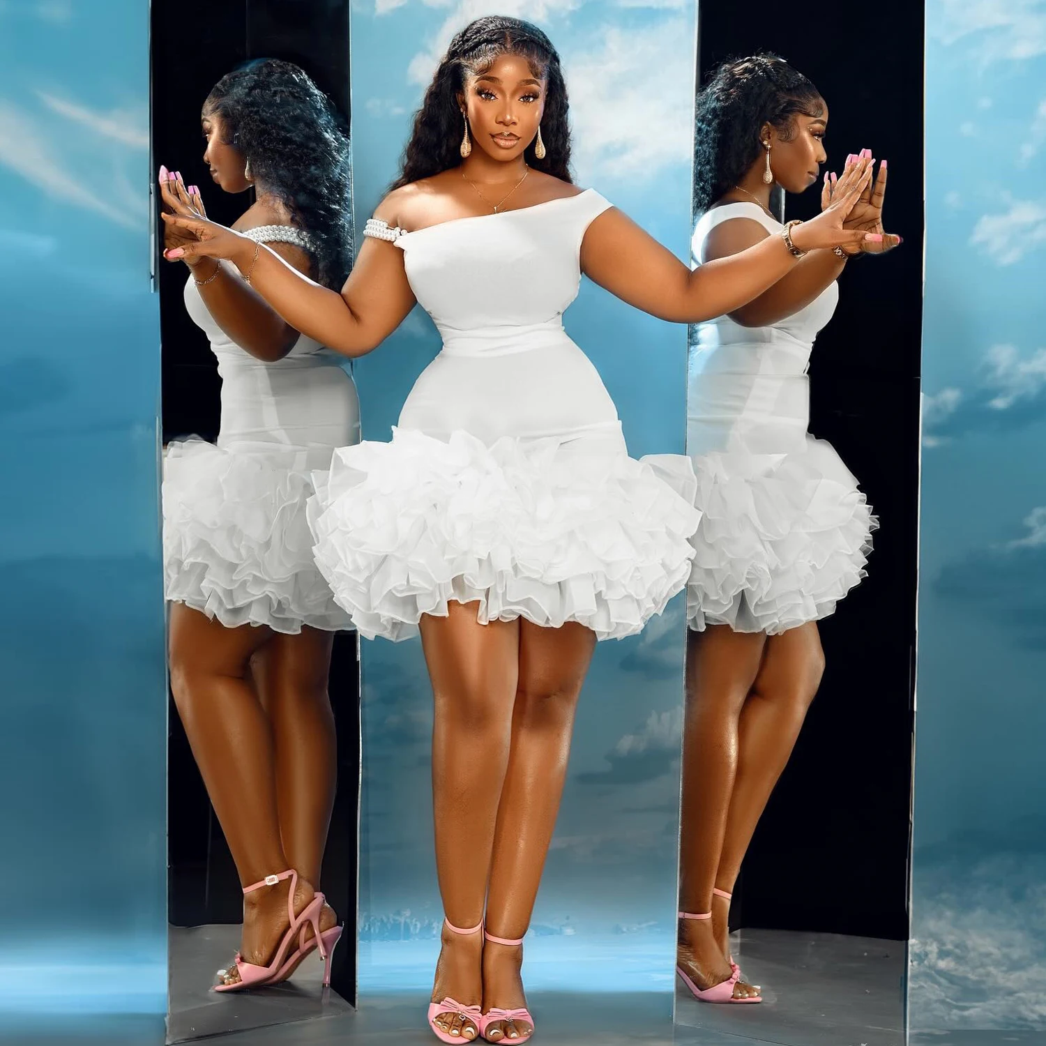 

Event Gala Party Dress with Pearls Strap Customized Ruffles Skirt African Birthday Dress Elegance Black Girls Short Prom Dresses