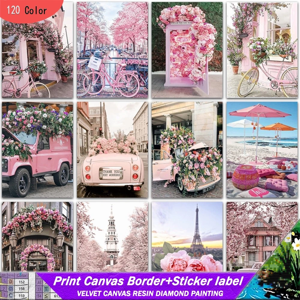 

5D DIY 120 Ccolor Resin Diamond Painting With Stickers Landscape Flower Car Tower Beach Home Decoration Mosaic Embroidery