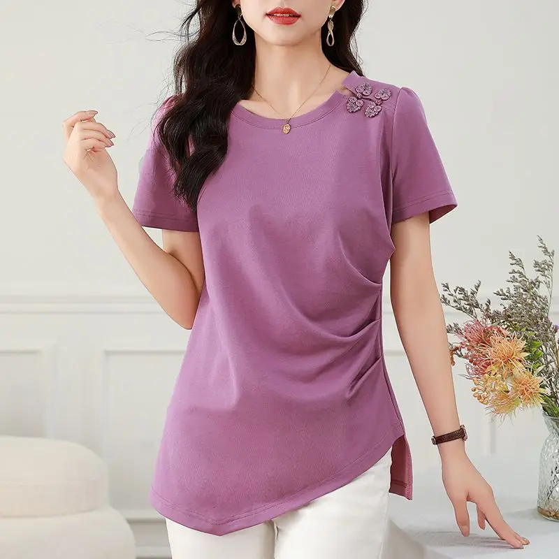 

2024 Summer Women's Casual Fashion Elegant Commuting Round Neck Chinese New Style Loose Button Spliced Folded Irregular Top