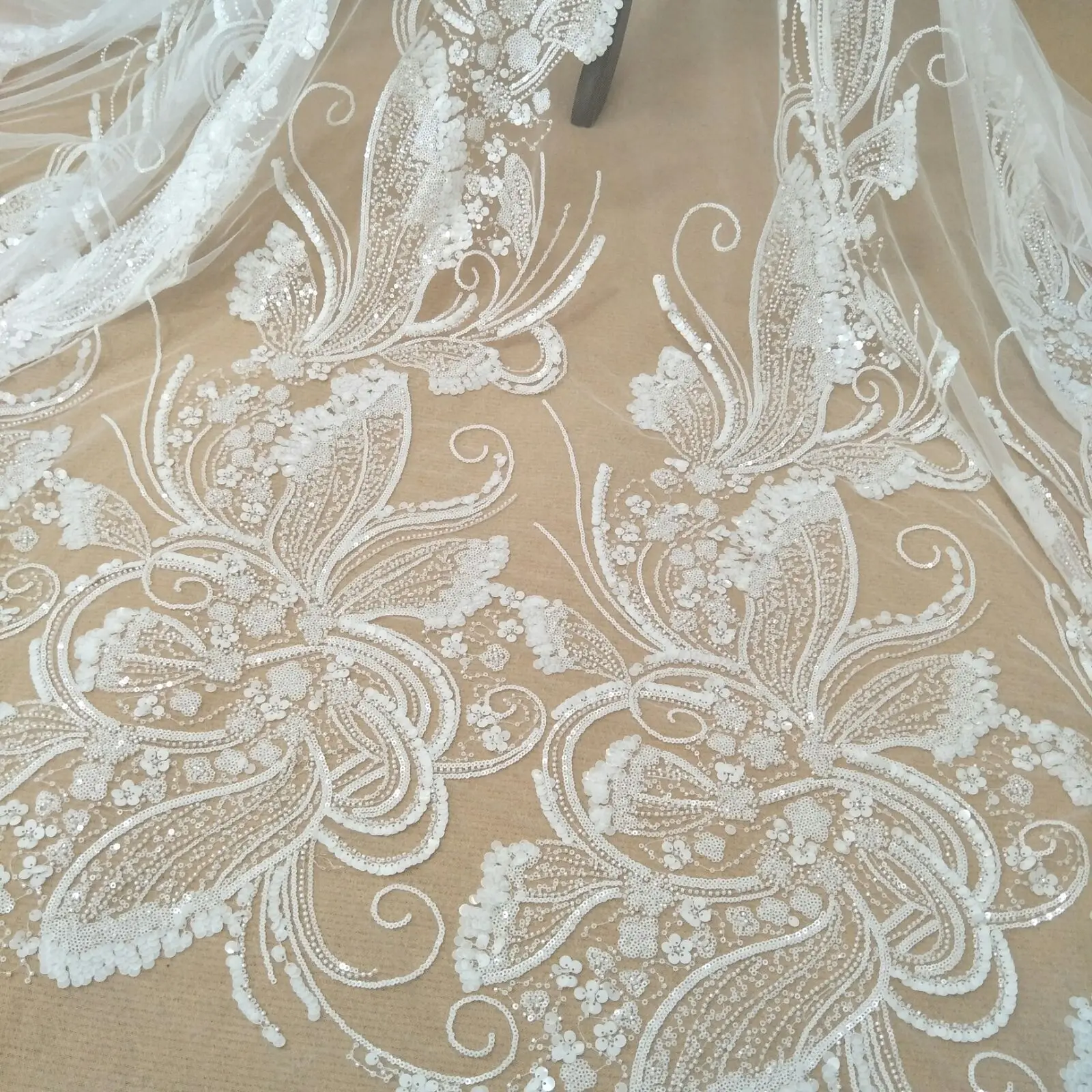 Lace Fabric with Sequin, Wedding Dress, DIY Lace, the Latest Leaves, Width 130cm, Sold by Yard, 2024