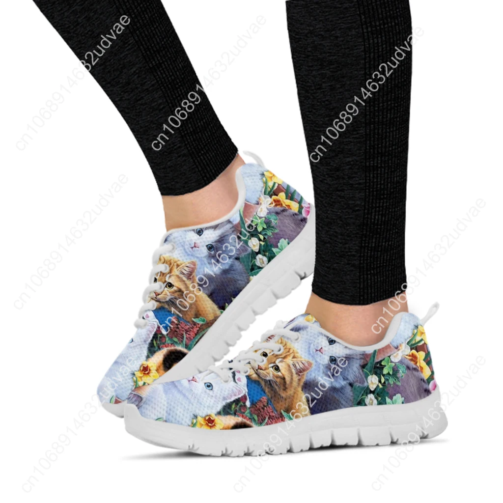 Women's Cat Print Shoes Cartoon Cat Comfortable Breathable Fashion Sneakers Gift For Cat Lovers White Casual Shoes