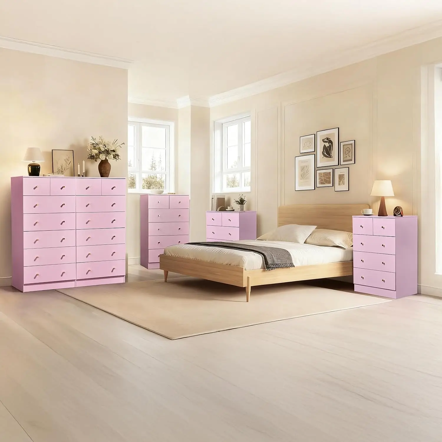 Pink 7 Drawer Dresser, Rose Gold Handle Modern Bedroom Chest, Customized