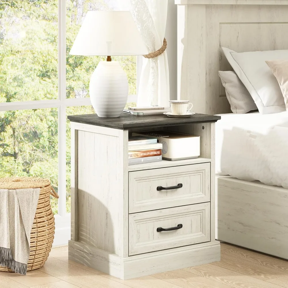 Farmhouse Style Nightstand with 2 Drawers and Open Shelf, Bedroom Side Table, Living Room Cabinet