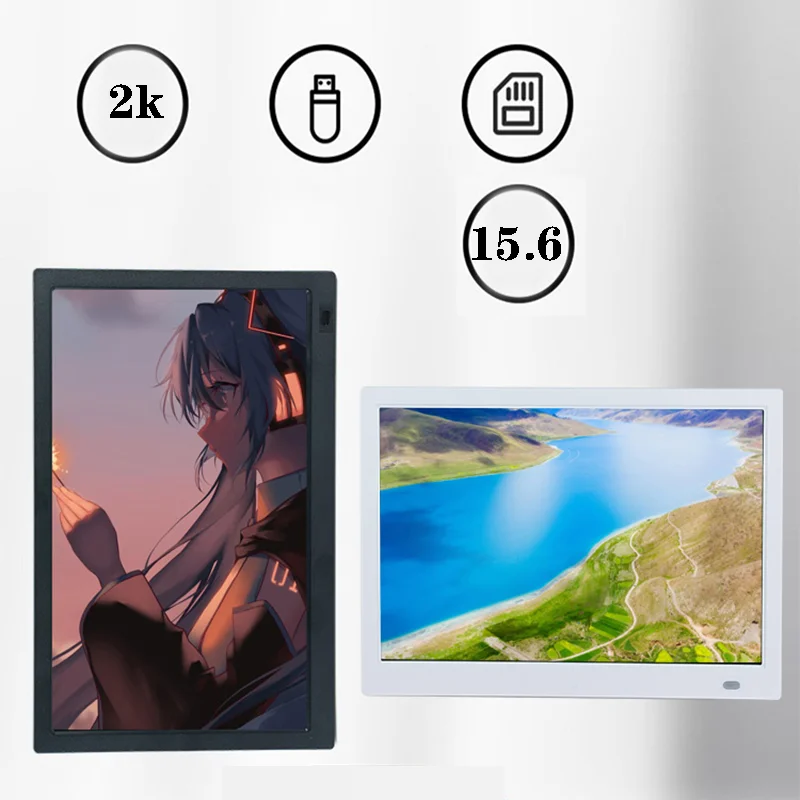 إطار صور رقمي 2K مقاس 15.6 بوصة 1920*1080 فيديو، صورة، موسيقى، تقويم، إطار صور رقمي USB/SD أبيض وأسود، عيد الميلاد
