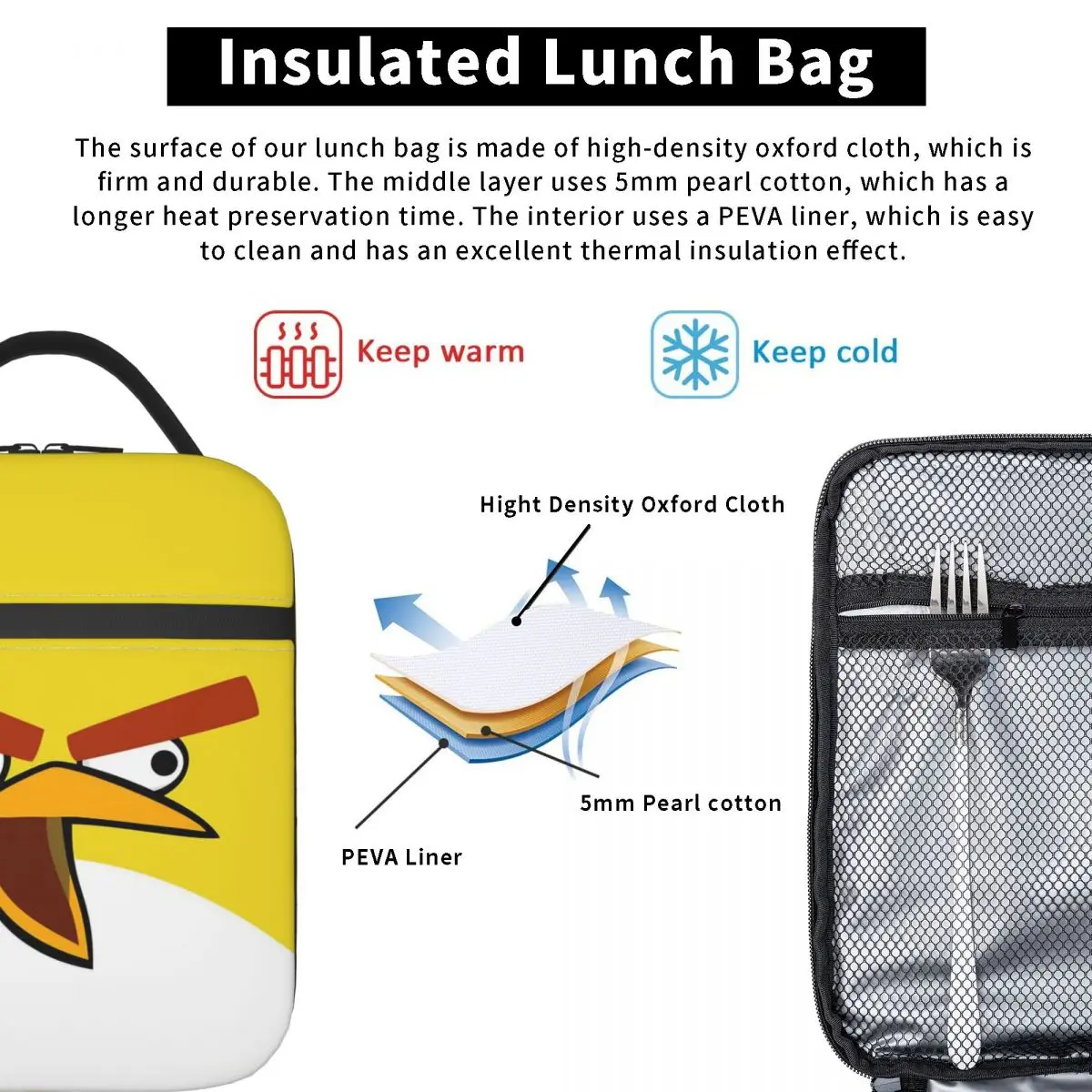 حقيبة غداء معزولة من A-Angry Anime B-Birds Chuck حقيبة حرارية حاوية الوجبات المقاومة للتسرب، حقائب اليد للطعام #5