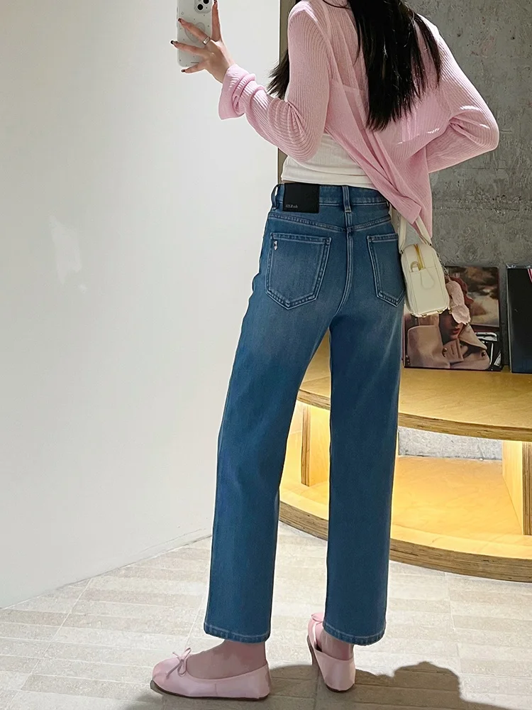 

Slimming High Waist Straight Leg Denim Jeans Women's Spring 2026 Blue Elastici Nine Points Breadsti Pants Embroidered Heart