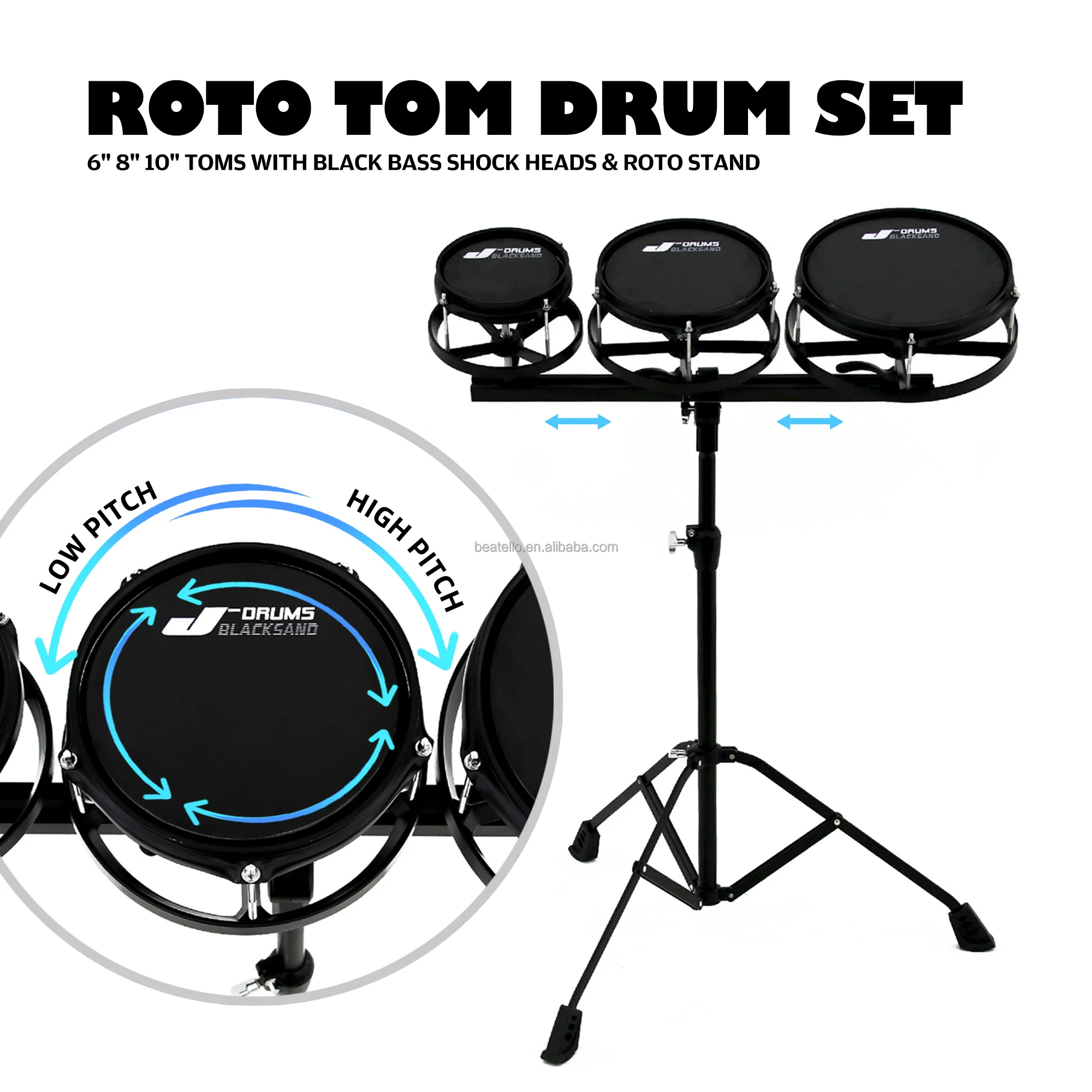 Beatello Roto Tom Drums Set 6'' 8'' 10'' 3-Piece Black Bass Shock Heads & Roto Stand Metal Percussion Instrument
