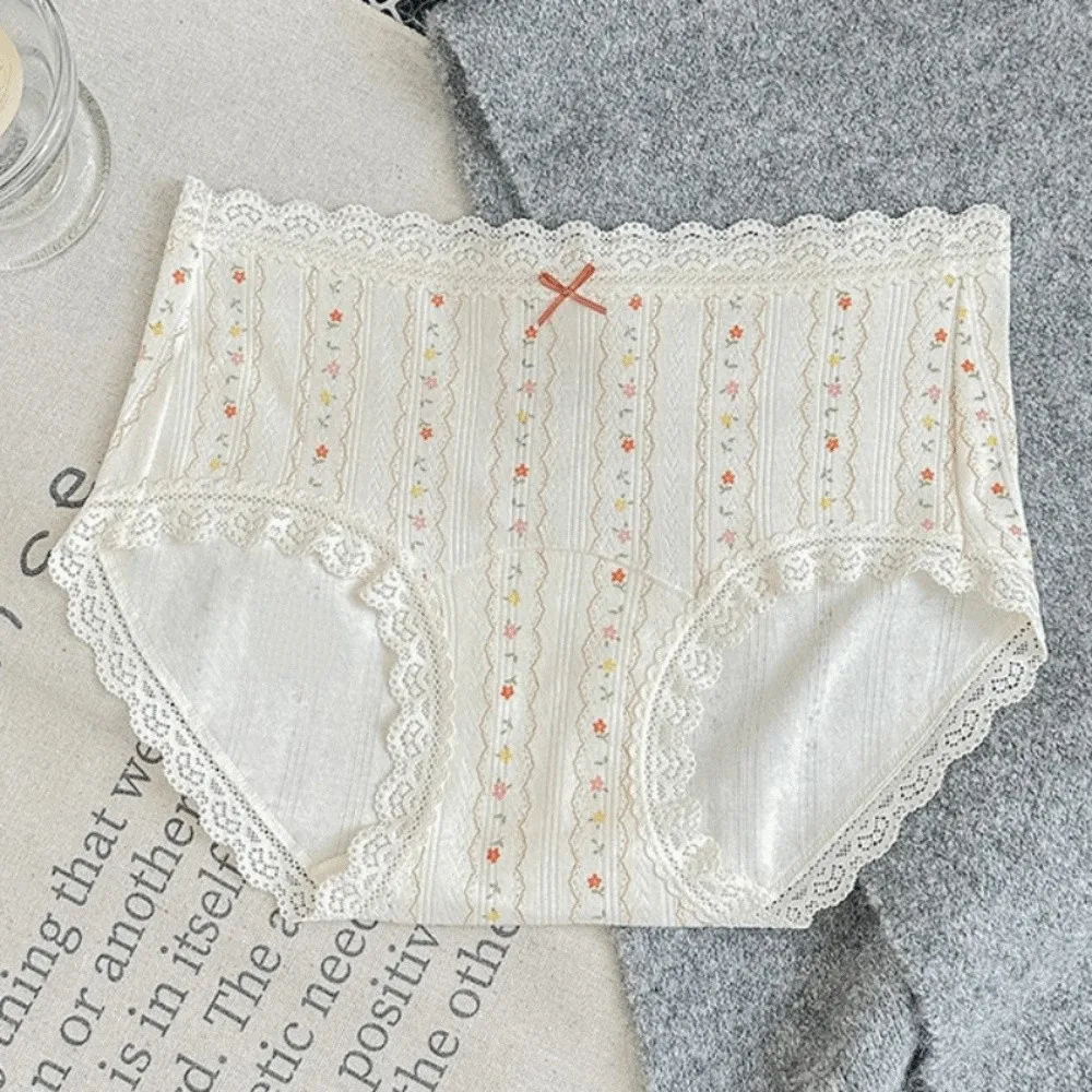 Underpants Bow Floral Cotton Panties Grid Polka Dot Underwear for Women Lace Mid Waist Sweet Flower Briefs Gifts