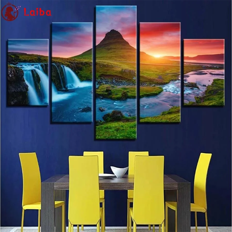 

5pcs New diamond embroidery mosaic Natural scenery, sunset mountain waterfall diamond paintings full drill stitch cross