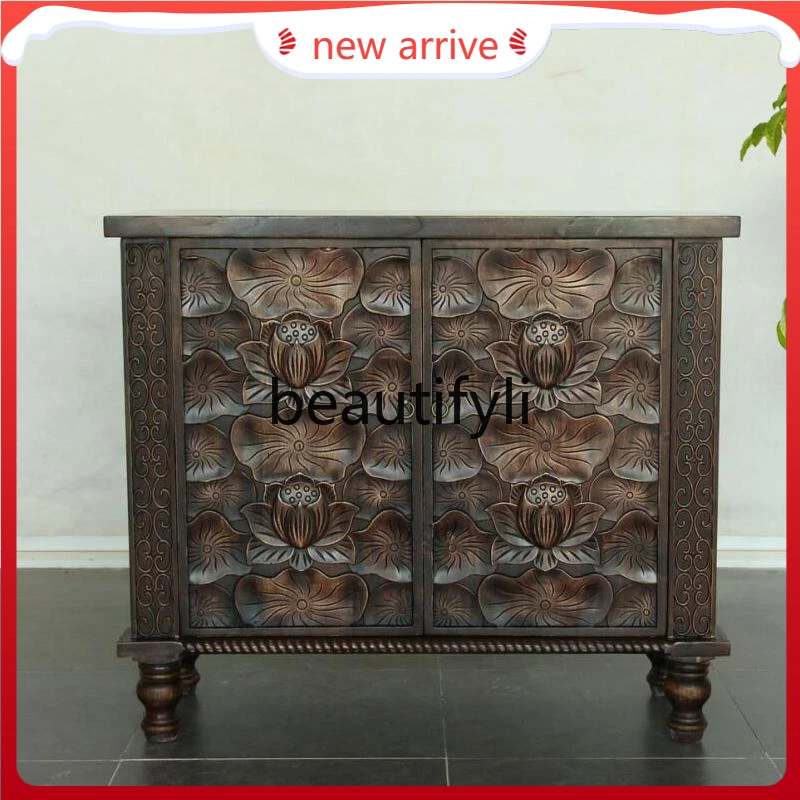 

D2520 South East Asia style solid wood carving flower storage decorative cabinet ancient and modern log furniture porch cabinet