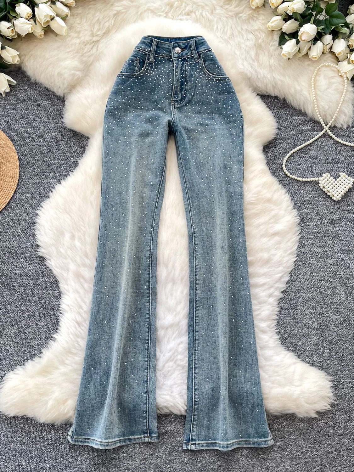 

American Retro High Waist Star Rhinestone Denim Flared Pants Women's Spring Slimming Versatile Casual Straight Leg Long Trousers