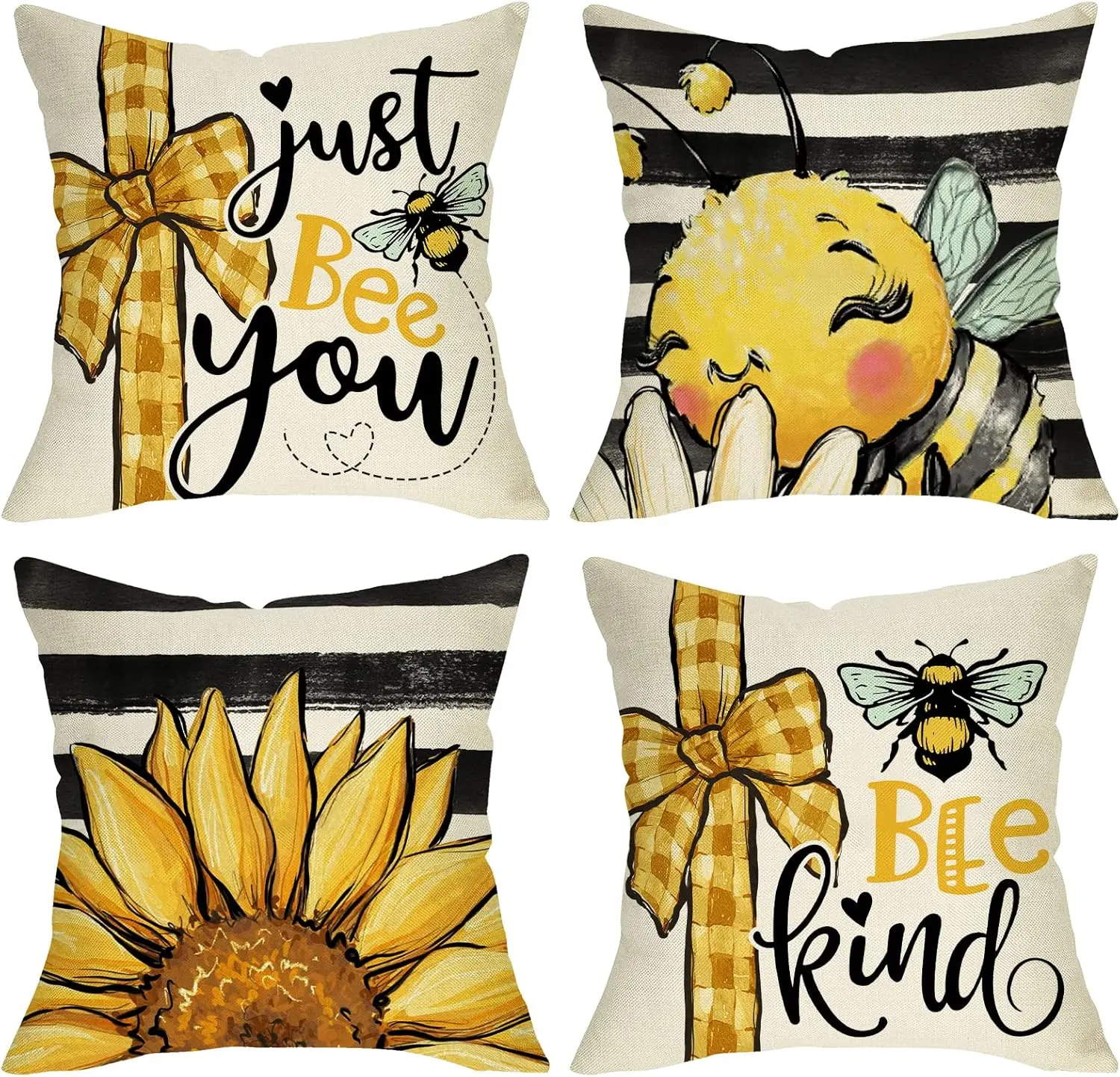 Spring Summer Bumble Bee Sunflower Decorative Throw Pillow Covers of 4, Yellow Buffalo Plaid Check  Couch Cushion Case