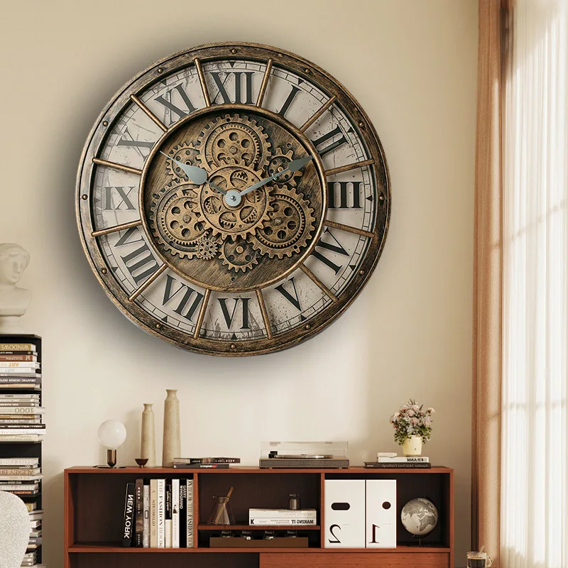 46cm Real Moving Gears Large Wall Clock Industrial Steam Punk Roman Numeral Wall Clock Living Room Home Decoration Quartz Clock