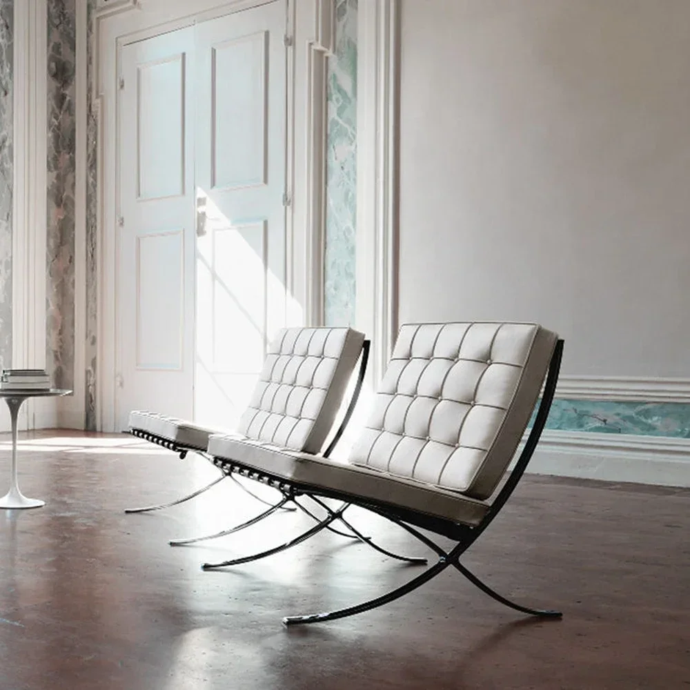 Silla Barcelona de cuero negra individual moderna de alta gama, Silla perezosa de ocio, cojín para sillón, sofá con patas de Metal