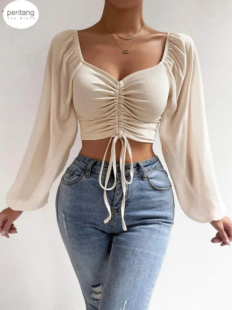 PERITANG Women's Sexy V-neck Off-Shoulder Blouses Summer Drawstring Bandage Long Sleeve Tops Ladies Korean Fashion Short Clothes