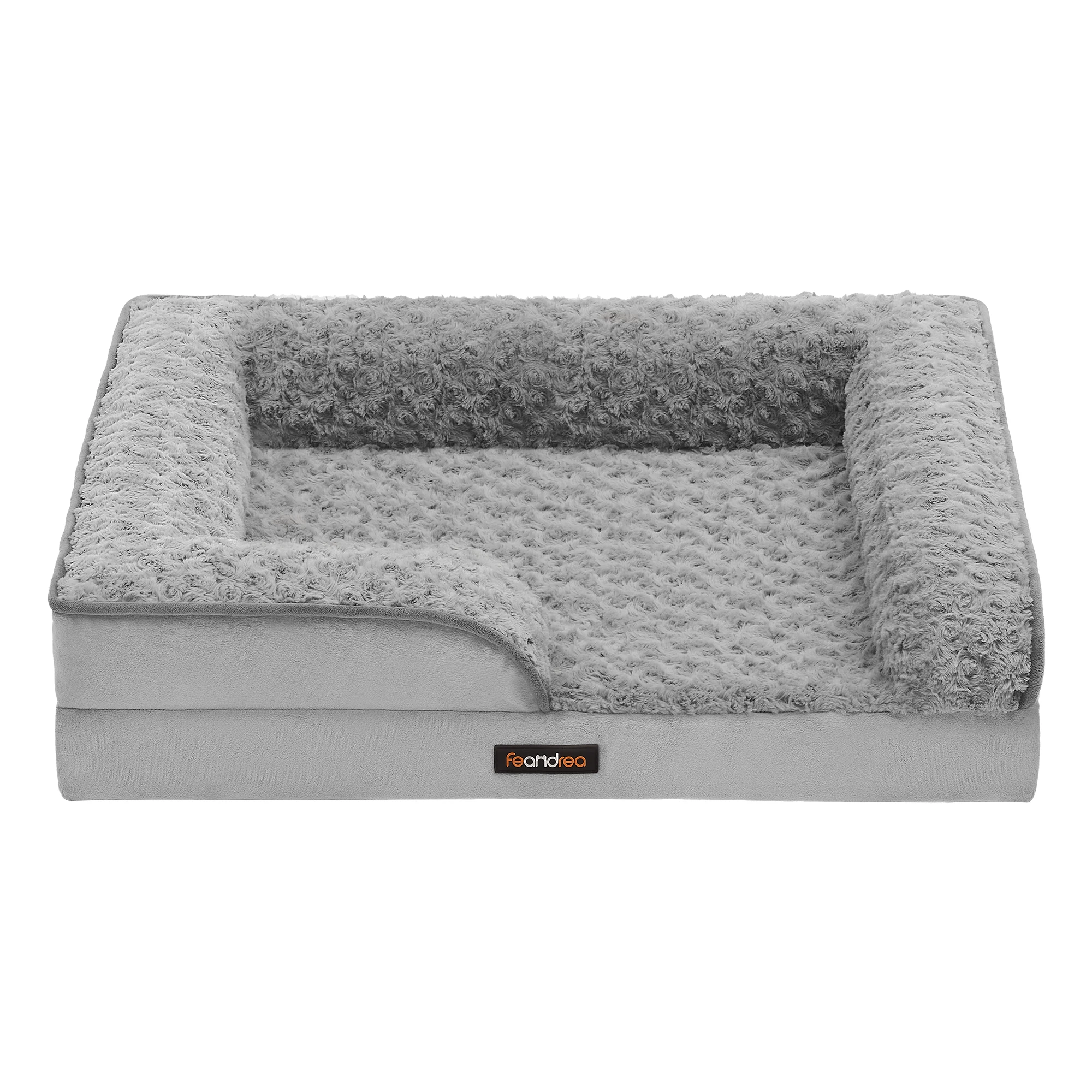 Feandrea Cama Perro Mediano, Caseta para Mascotas, Ortopédica con Espuma Corrugada, Bordes Elevados Acolchados, Funda Extraíble Motivo Rosa Peluche, 71 x 58 x 16/91 x 68 x 16/106 x 81 x 18/122 x 89 x 18 cm, Gris Paloma, Regalo de Navidad