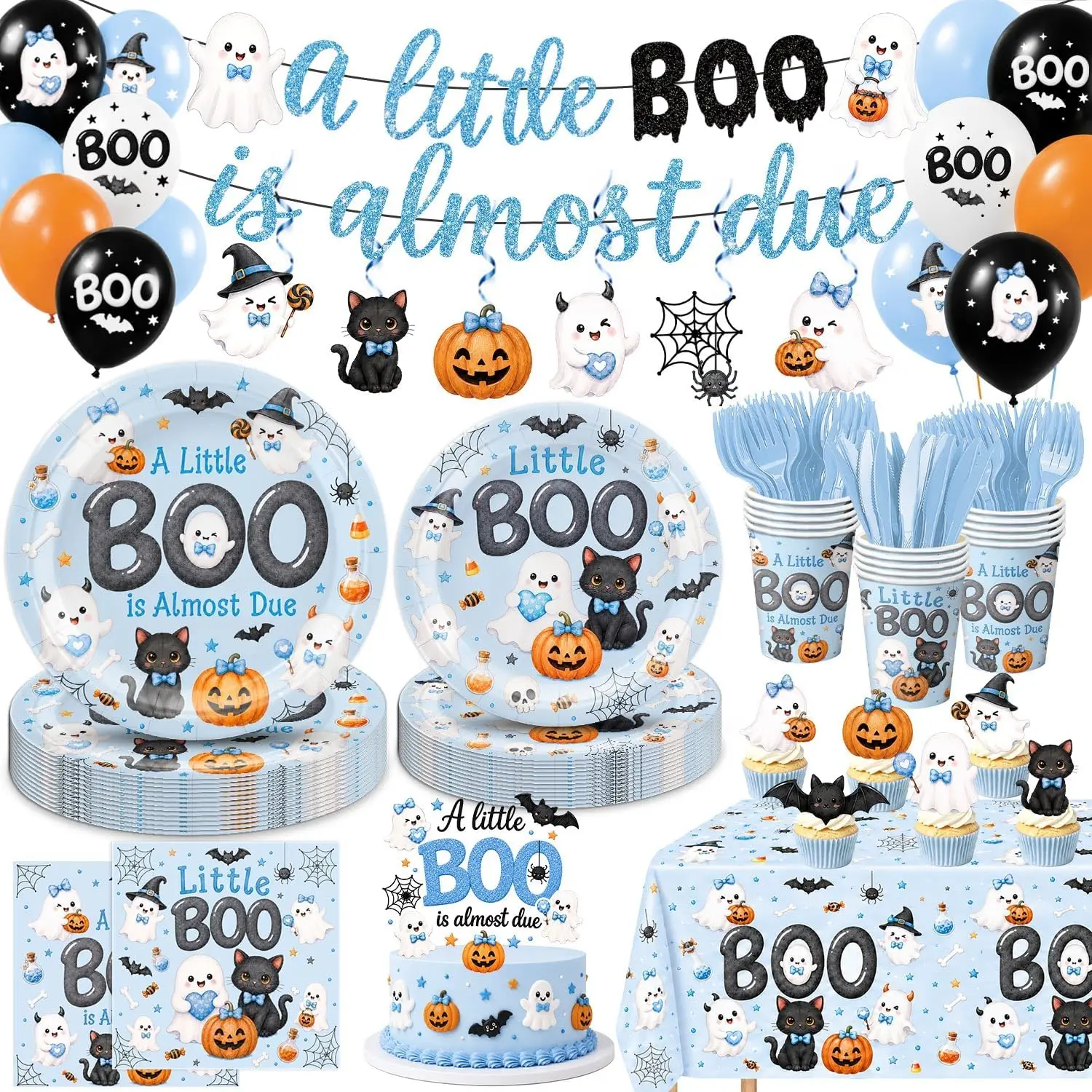 LINHAXM Halloween Baby Shower Decorations, Blue A Little Boo Is Almost Due Party Supplies with Cute Spooky Tableware, Toppers, Banner, Hanging Swirls, Tablecloth, Balloons, Serves 24