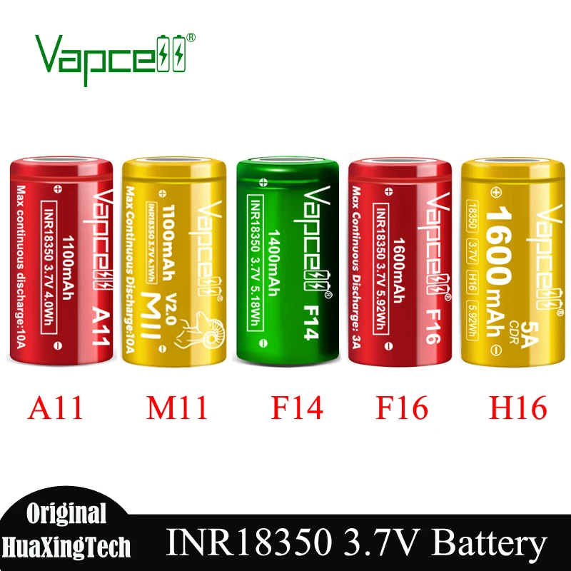 Original Vapcell INR 18350 A11 M11 F14 F16 H16 Battery Max 1600mAh High Drain Rechargeable Lithium Batteries For Flashlight Toys