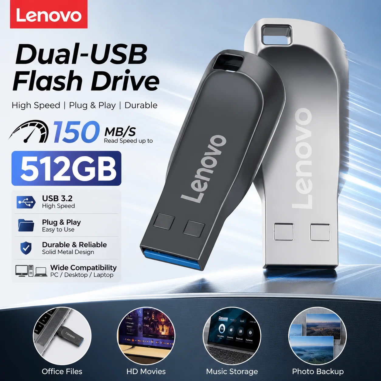 Lenovo 512GB OTG Pen Drive Type-C USB Flash Drive USB 3.0 High Speed Metal Pendrive Portable Waterproof Memoria Storage U Disk