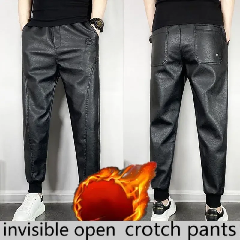 Pantalon d'hiver ouvert épais doublé polaire, vêtements d'extérieur en cuir pour hommes, fermeture éclair Invisible, pour Couple, combat sur le terrain