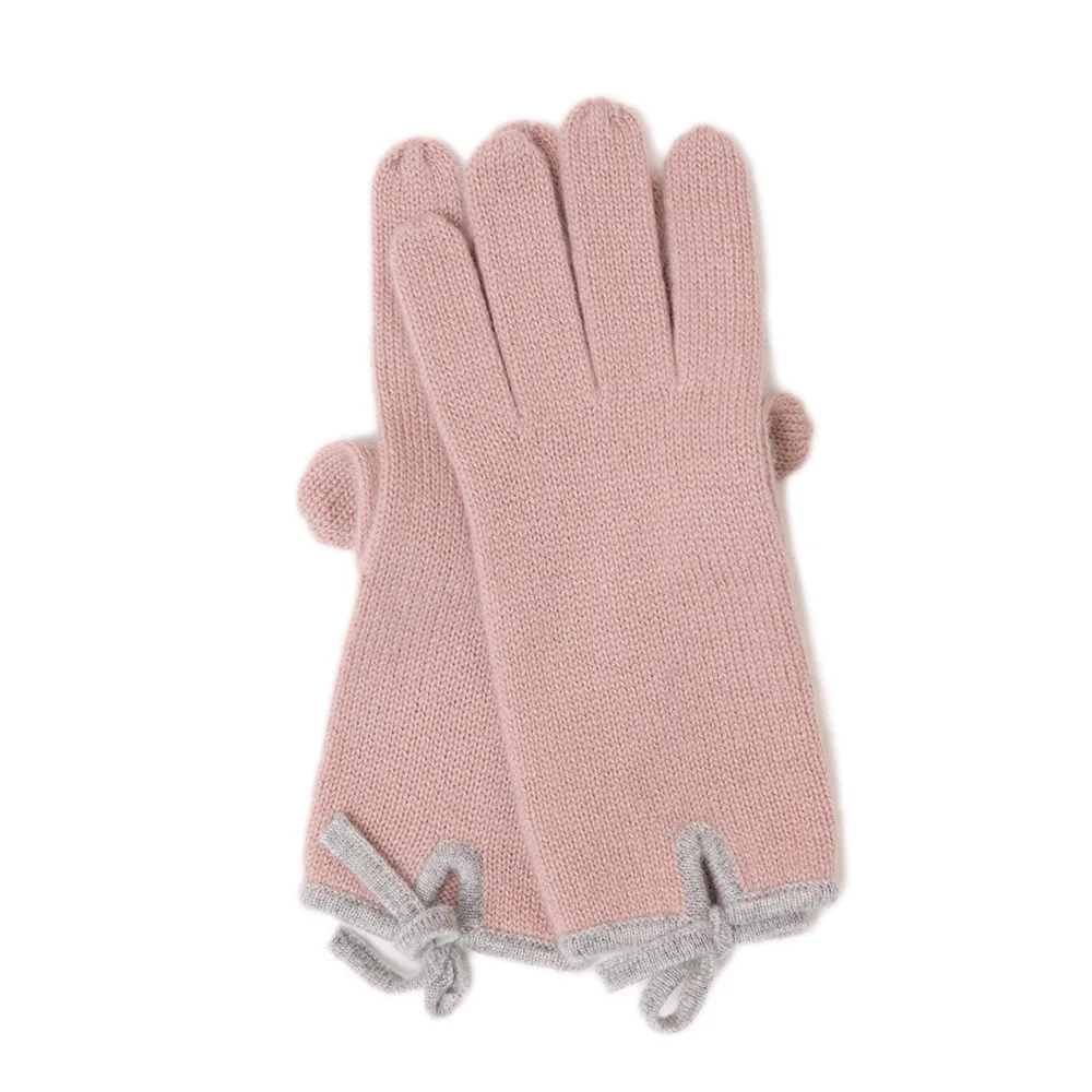 2025 New Arrival Pure cashmere gloves women  winter knitting different color edge bows gloves