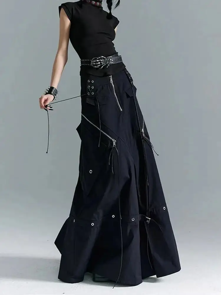 2025 New Gothic Y2K Cargo Denim Long Skirt Women Harajuku Vintage Black Bandage Jeans Skirts Aesthetic High Waist A Line Skirts