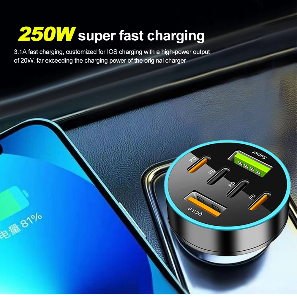 250W Car Charger QC 3.0 PD USB Quick Charging 6Port 8Port Phone Charger Adapter for iPhone 12 Pro Max 14 Plus 13 Huawei Oneplus