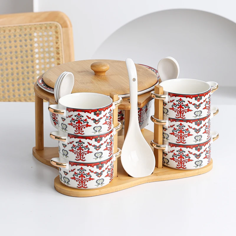 

Ceramic soup pot, bowl, tableware set, candle heating base with storage rack, large capacity, Bohemian style for foreign trade