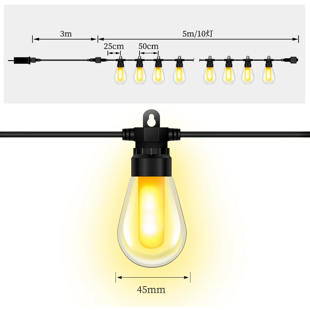 Guirxiété Lumineuse LED Étanche, Ampoule Flamme, 5V, 8m 13m 18m, 10/20/30 Ampoules, Éclairage de Jardin, Bar, Mariage, Vacances, Décoration Extérieure