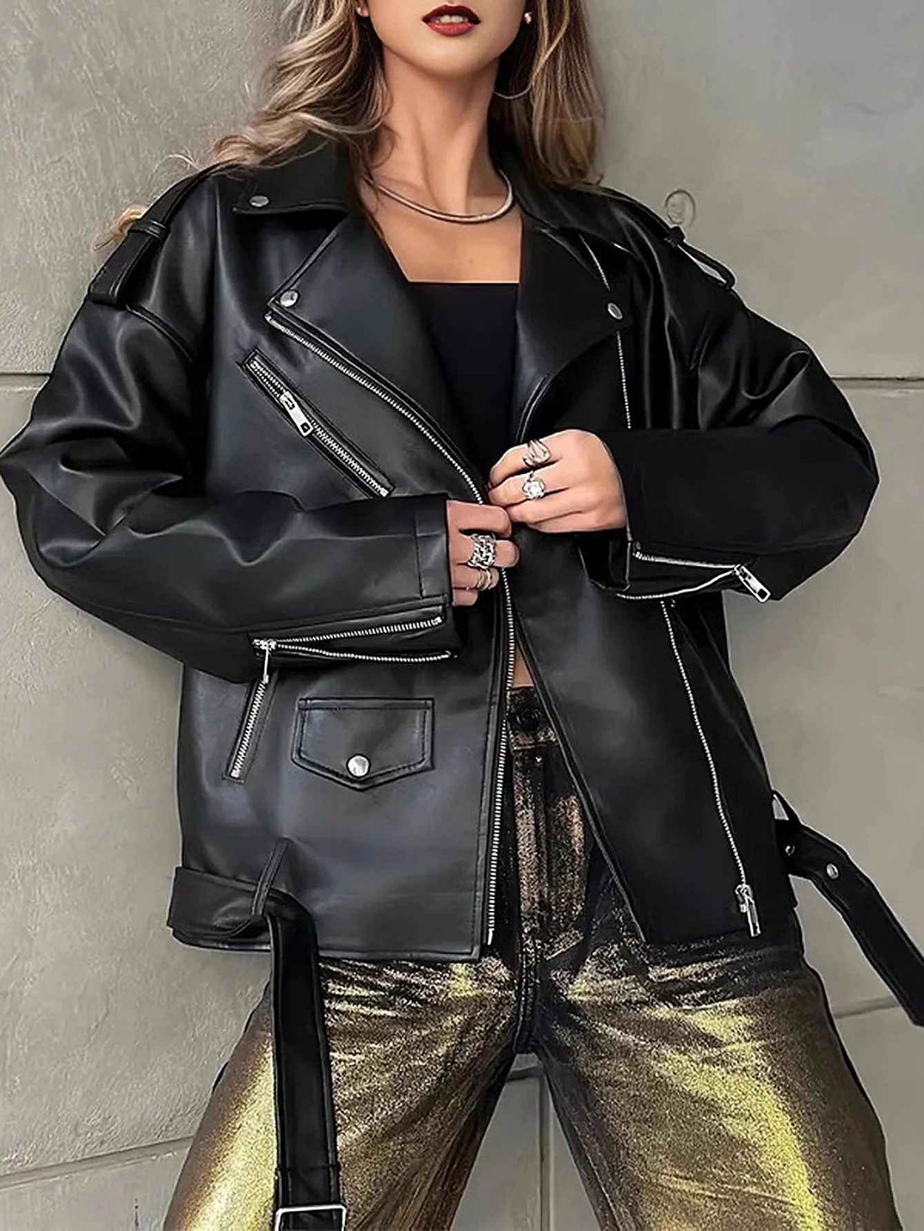 معطف نسائي طويل الأكمام ذو طية صدر السترة موضة الخريف بسحاب بري فضفاض مناسب ملابس خارجية للشارع