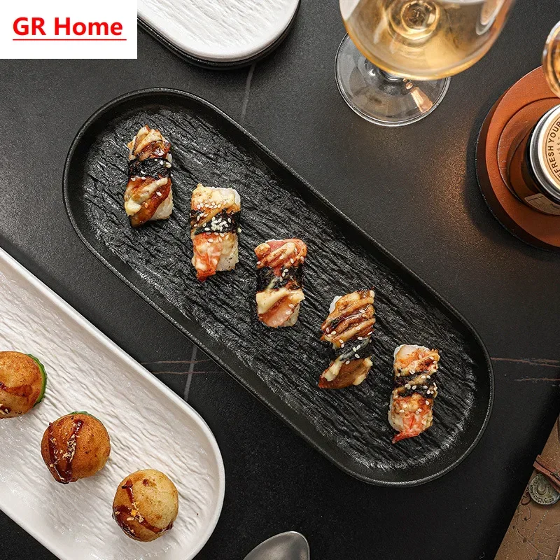 Rock Texture Long Ceramic Plates, Stylish Rectangular Sushi & Sashimi Plates, Multi-use Serving Trays for Home & Catering