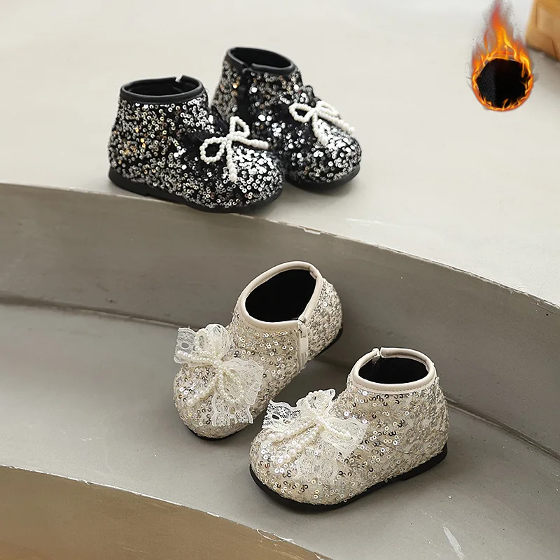 

Детские зимние сапоги из искусственной кожи для малышей, туфли принцессы с блестками и жемчугом и бантом, зимние нескользящие теплые пушистые уличные ботильоны для девочек