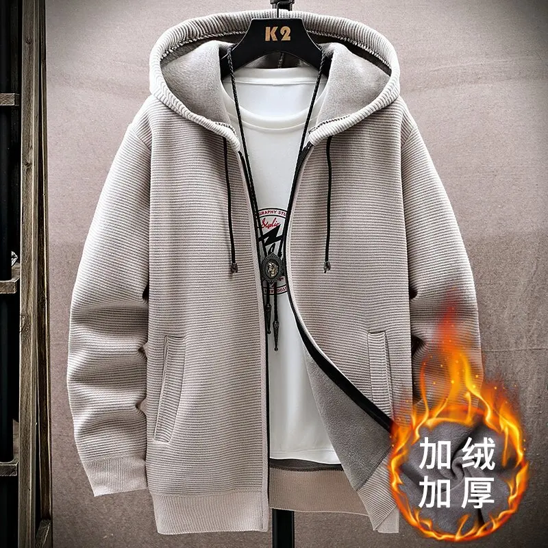 

2024 Autumn/Winter Fashion Solid Color Plus Fleece Thickened Warm Hooded Coat Men's Casual Loose Comfortable Plus Size Sweater