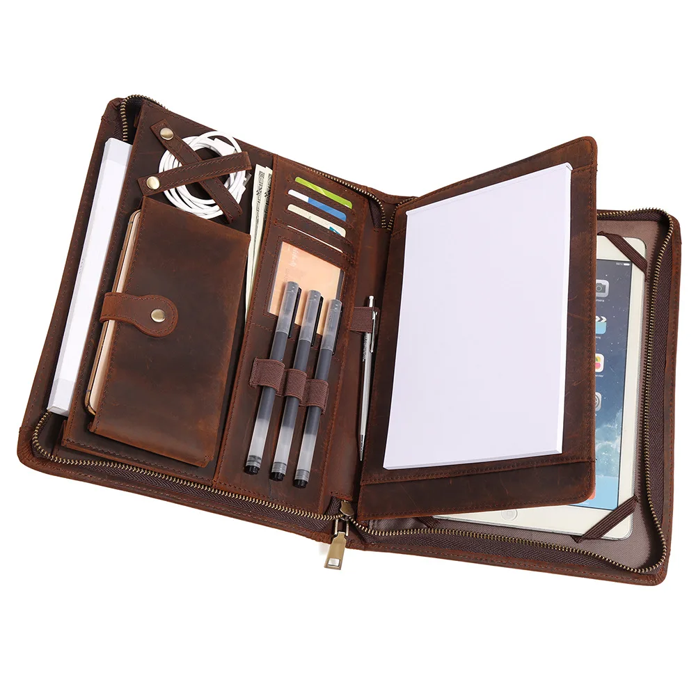 

Genuine Leather Portfolio Zipper Closed Professional Work File Case Organizer Business Folio for Men and Women Briefcases