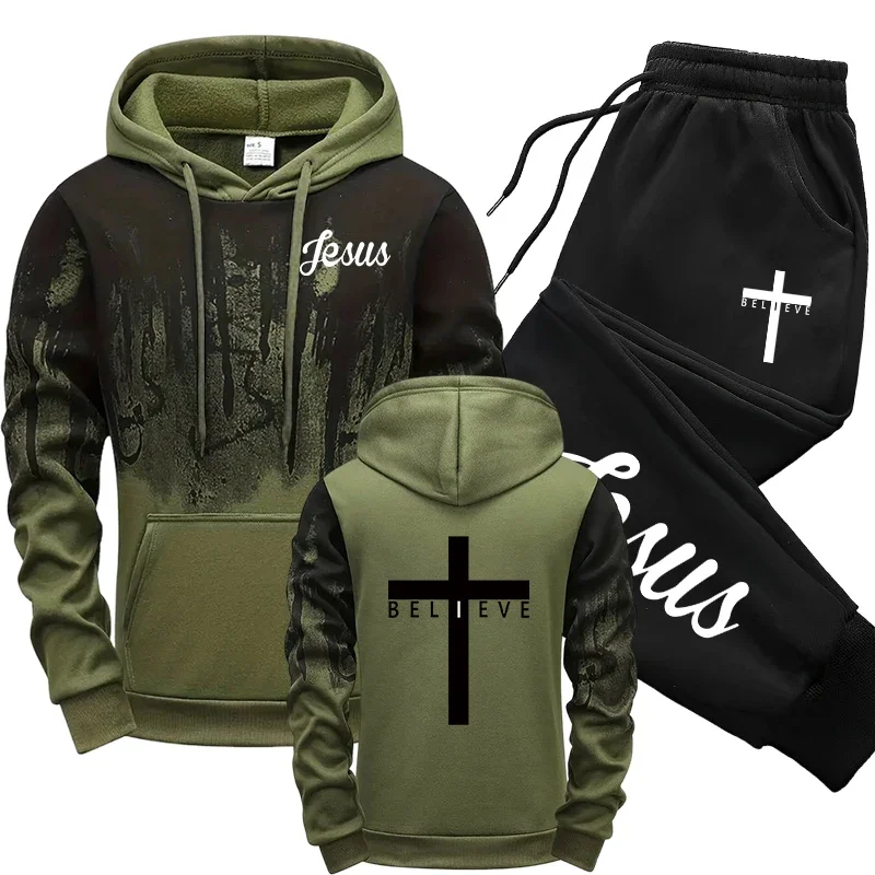 예수 그리스도 스타일 후드티와 스웨트팬츠 가을 겨울 일상 캐주얼 스포츠 조깅복 크로스 트랙수트 고품질 남성 세트