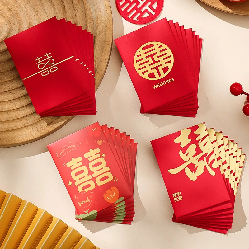 6/10pcs Wedding Red Envelopes Marriage Gift Bag Double Happiness Lucky Pocket Chinese Traditional Hongbao Wedding Decoration