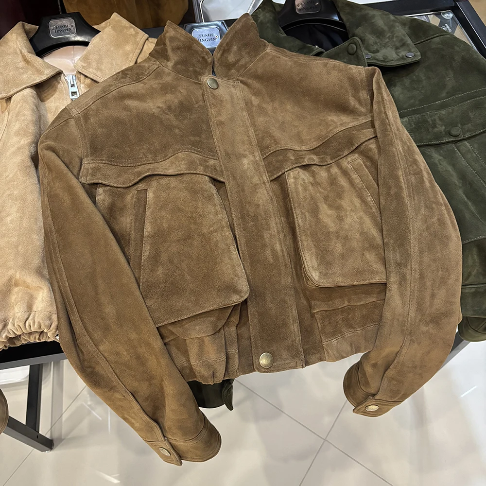 YOLOAgain 2025 Autumn New Suede Bomber Jacket Coat Women Real Sheepskin Grained Leather Jacket Ladies