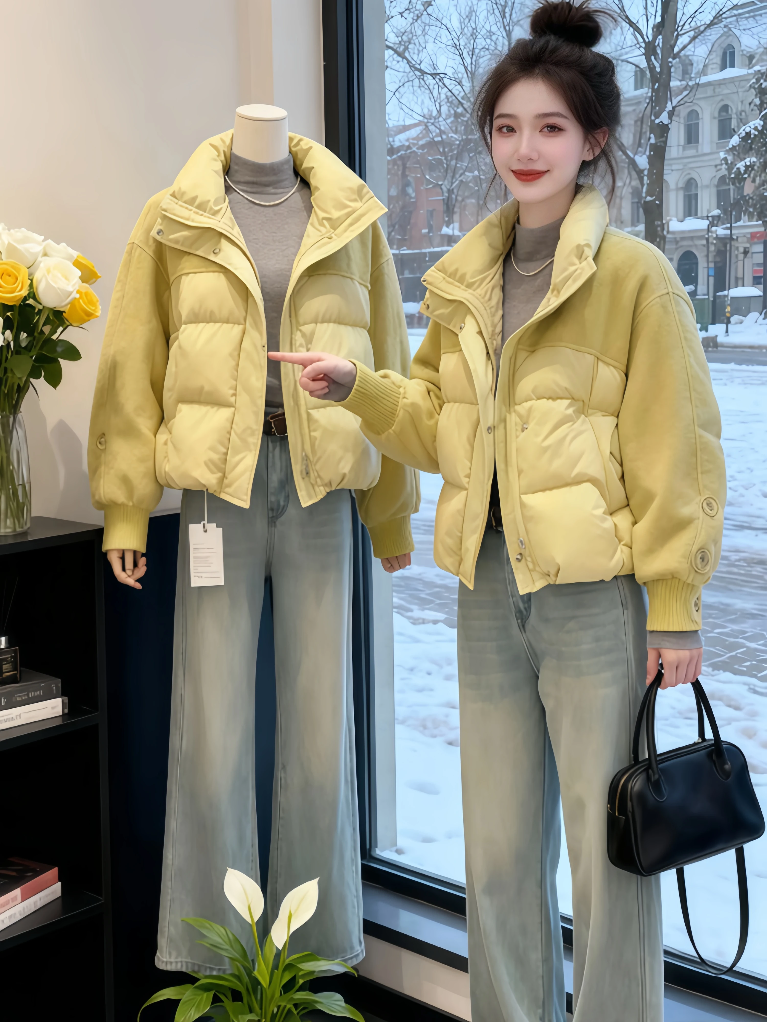 

Yellow Patchwork down Cotton Jacket Women's Fashion Retro Stand Collar Coat Korean Style Loose Fit Long Sleeve Zipper