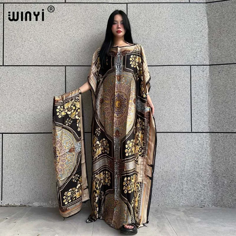 WINYI 2024 New African Women Dashiki boho print muslim woman dubai Free Size Design With Scarf Maxi Loose African Elegant Dress