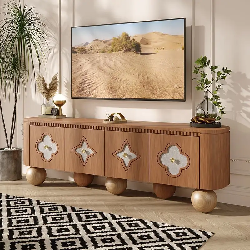 Nordic medieval TV cabinet, living room villa light luxury new solid wood shell decorative floor cabinet, audio-visual cabinet