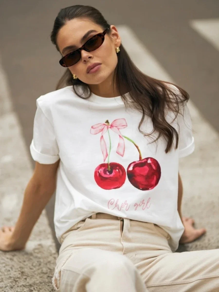 

Модная футболка с принтом, женская повседневная футболка с коротким рукавом в стиле ретро с фруктовым принтом, свободный топ в стиле хип-хоп, винтажная летняя уличная одежда Y2K