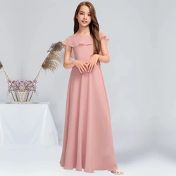 A linha colher Andar de comprimento Chiffon Junior dama Vestido Com Cascading Ruffles Blush Flower Girl Dress Vestido de casamento Comunhão