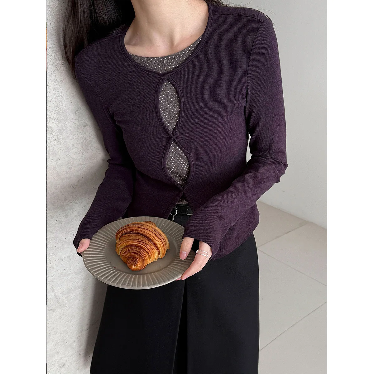 

Women Knitted T Shirts Tops Spliced Tees Polka Dot Layered Round Neck Long Sleeves Slight Strech Slim Casual Office 2026 Spring