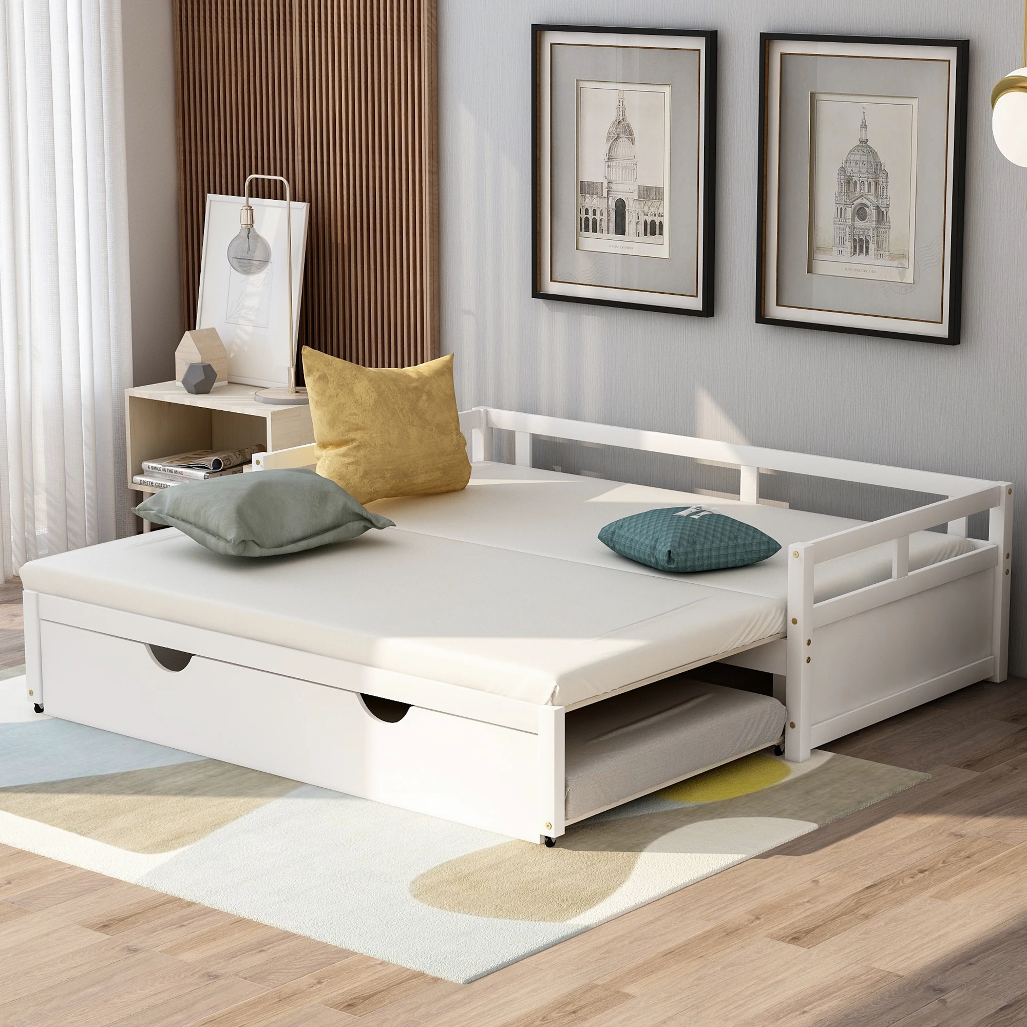 

White Extending Wooden Daybed with Trundle, Space-Saving Design 78.10x41.80x23.20 in.