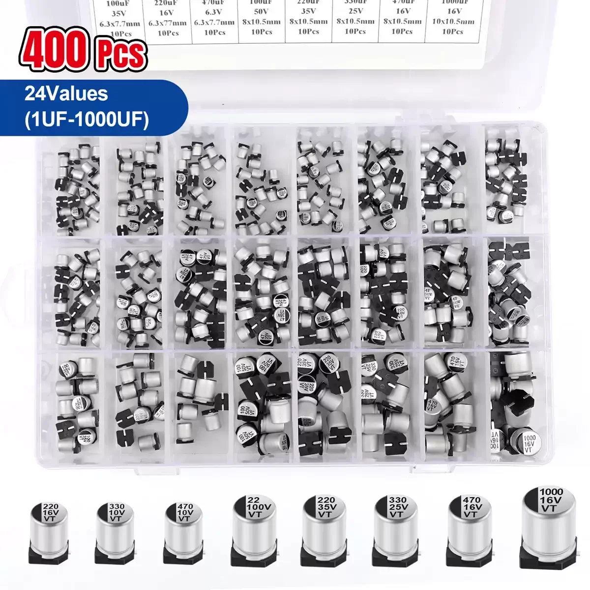 400Pcs 24 Values SMD Aluminum Electrolytic Capacitor Assorted Kit 1uF to 1000uF Surface Mount Capacitance Box Set