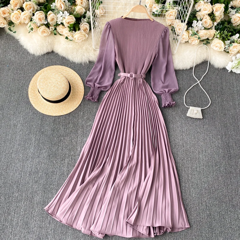 

Ladies French Temperament New Dress Women's Elegant Long Dress Spring and Summer Bubble Long Sleeve Pleated Belt Long Skirt